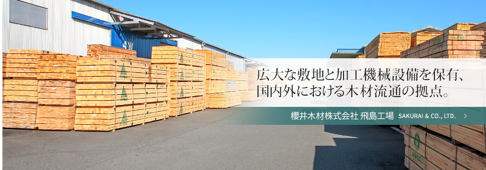 広大な敷地と加工機械設備を保有、国内外における木材流通の拠点。櫻井木材株式会社 飛島工場 SAKURAI & CO., LTD.